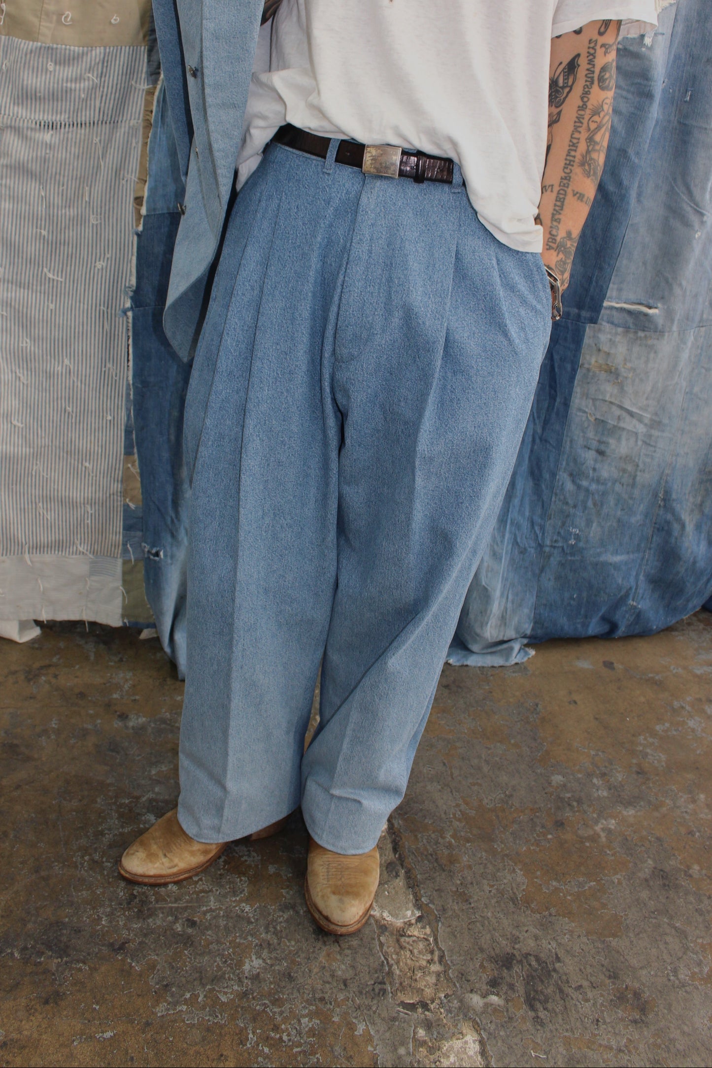 Faded Denim Double-pleated Trousers