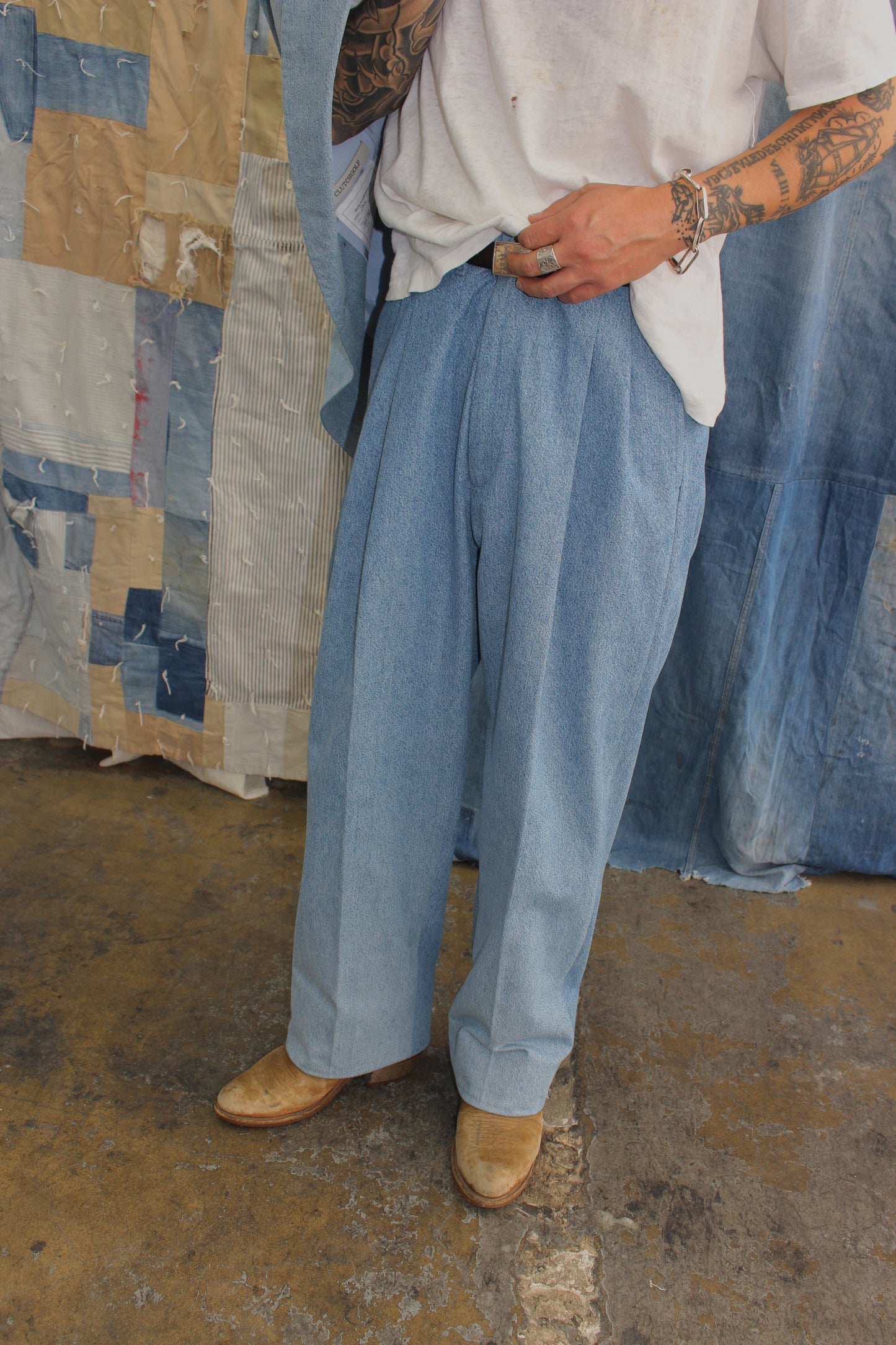 Faded Denim Double-pleated Trousers