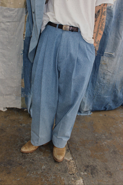 Faded Denim Double-pleated Trousers