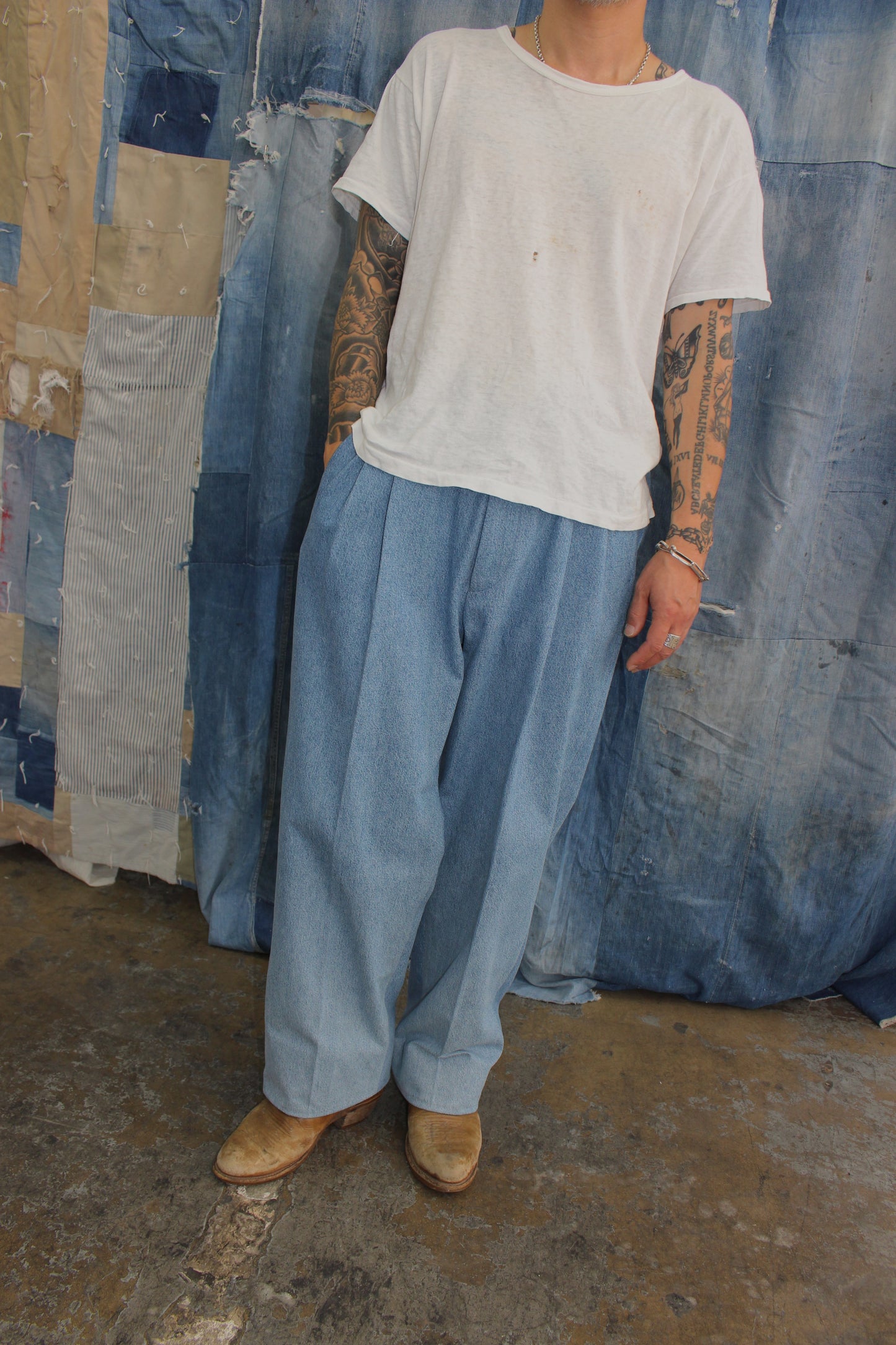 Faded Denim Double-pleated Trousers